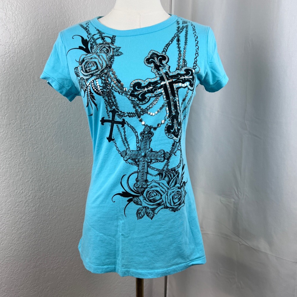 Y2K LA Teez T-Shirt Womens M Blue Cotton Cross Rose Graphic Grunge Alt Edgy